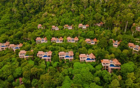 Téléchargez les photos : Couple of men and women on a luxury vacation at a pool villa in the jungle rainforest. - en image libre de droit