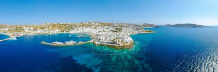 Photo for Drone view of Mykonos Greek village in Greece, colorful streets of Mikonos village. - Royalty Free Image