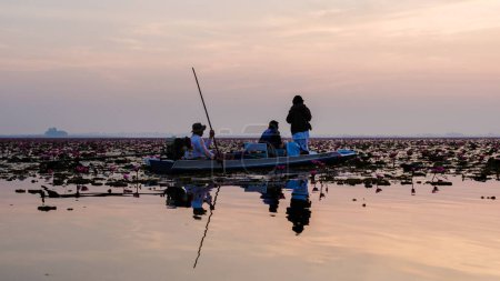 Téléchargez les photos : Red Lotus Sea Kumphawapi Udon Thani Thaïlande Février 2023, touriste en bateaux au lac plein de fleurs roses à Udon Thani dans le nord de la Thaïlande. Flore de l'Asie du Sud-Est. - en image libre de droit