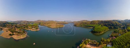 Photo for Huai Krathing lake in the North Eastern Thailand Isaan region, famous for its floating bamboo rafts where you can have lunch or dinner in the middle of the lake. - Royalty Free Image
