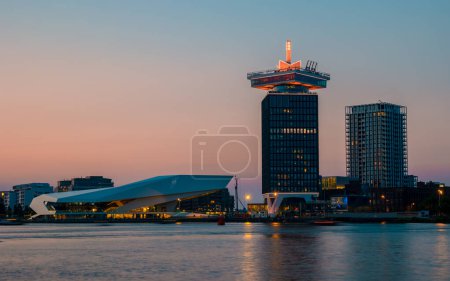 Photo for Amsterdam Netherlands May 2018, Sunset over the skyline of the old city , ADAM tower Amsterdam Noord. - Royalty Free Image