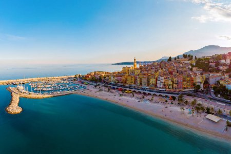 Photo for Colorful old town Menton on the french Riviera, France. Drone aerial view over Menton France Europe. - Royalty Free Image
