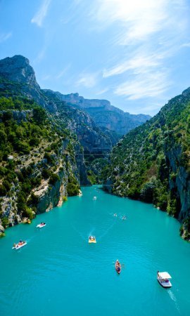 Photo for Gorges Du Verdon lake of Sainte Croix, Provence, France, Provence Alpes Cote d Azur, turquoise lake with boats in France Provence July 2020 - Royalty Free Image