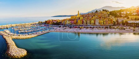 Photo for Colorful old town Menton on the french Riviera, France. Drone aerial view over Menton France Europe. - Royalty Free Image