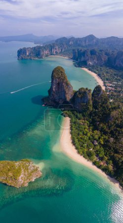 Photo for Railay Beach Krabi Thailand during sunset, the tropical beach of Railay Krabi, Panoramic view from a drone of idyllic Railay Beach in Thailand - Royalty Free Image