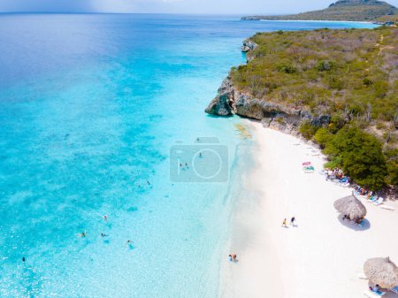 Photo for Cas Abao Beach Playa Cas Abao Caribbean island of Curacao, Playa Cas Abao in Curacao Caribbean tropical white beach with a blue turqouse colored ocean. Drone aerial view at the beach - Royalty Free Image
