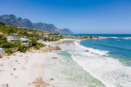 Photo for Camps Bay Cape Town , Camps Bay beach drone aerial view during summer in Cape Town Sout Africa, drone view at the beach during summer - Royalty Free Image