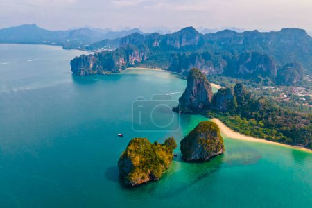 Photo for Aerial drone view at the limestone cliffs of Railay Beach Krabi Thailand. - Royalty Free Image