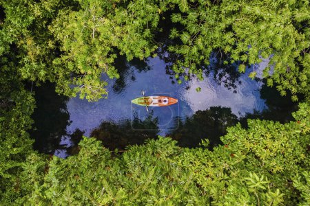 Téléchargez les photos : Couple in a kayak in the jungle of Krabi Thailand, men and women in a kayak at a tropical jungle in Krabi mangrove forest. - en image libre de droit