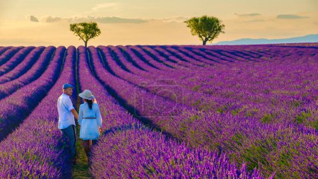 Photo for Provence, Lavender field France, Valensole Plateau, a colorful field of Lavender Valensole Plateau, Provence, Southern France Couple men and women on vacation at the Provence - Royalty Free Image