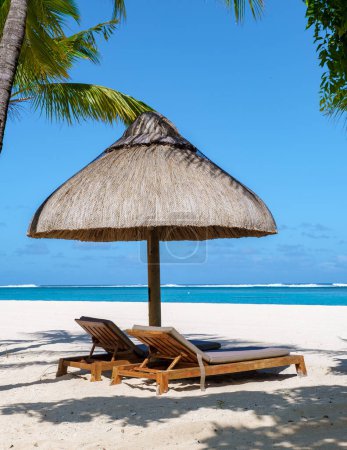 Foto de Playa Le Morne Mauricio Playa tropical con palmeras, arena blanca azul océano y camas de playa con sombrillas, tumbonas, sombrillas bajo una palmera en Mauricio Le Morne con cielo azul - Imagen libre de derechos
