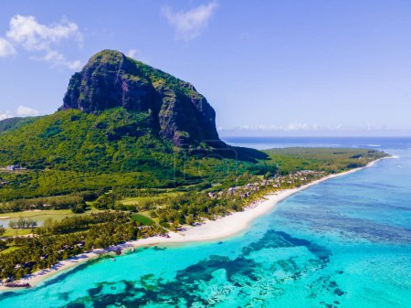 Photo for Droen aerial vie at Le Morne beach Mauritius Tropical beach with palm trees and white sand blue ocean - Royalty Free Image