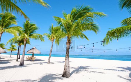 Foto de Playa Le Morne Mauricio Playa tropical con palmeras, arena blanca azul océano y camas de playa con sombrillas, tumbonas, sombrillas bajo una palmera en Mauricio Le Morne con cielo azul - Imagen libre de derechos