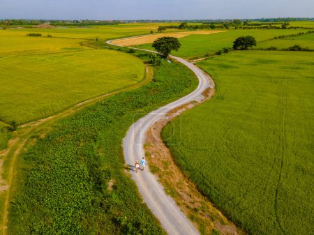 Photo for A couple of men and women on vacation in Thailand walking on a curved winding countryside road in the middle of green rice paddy fields in Central Thailand Suphanburi region, drone aerial view - Royalty Free Image