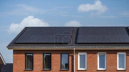 Foto de Casas de nueva construcción con paneles solares unidos en el techo contra un cielo soleado en los Países Bajos - Imagen libre de derechos