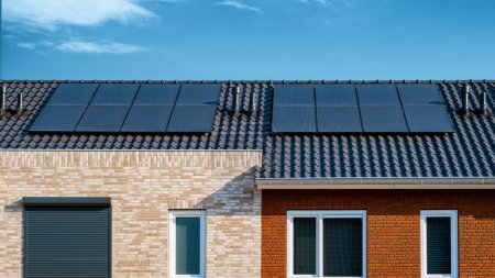 Téléchargez les photos : Maisons nouvellement construites avec des panneaux solaires fixés sur le toit, panneaux photovoltaïques sur le toit - en image libre de droit