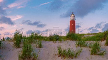 Photo for Texell lighthouse during sunset Netherlands Dutch Island Texel in summer with sand dunes at the Wadden Island - Royalty Free Image
