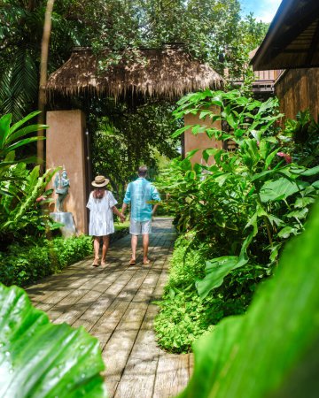 Téléchargez les photos : Villégiature de luxe en couple marchant dans un jardin tropical avec palmiers verts et palmiers - en image libre de droit