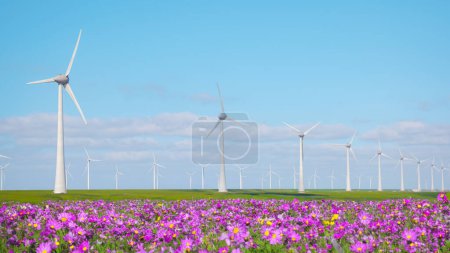 Téléchargez les photos : Moulin à vent dans une zone rurale au coucher du soleil avec des fleurs au premier plan, concept d'énergie verte - en image libre de droit