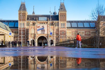 Photo for Amsterdam City Netherlands December 2018, Rijksmuseum with reflection in the water - Royalty Free Image
