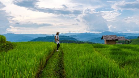Téléchargez les photos : Terrain de riz mitoyen à Chiangmai, Thaïlande, terrasses de riz Pa Pong Piang, rizières vertes pendant la saison des pluies. Femme asiatique randonnée pédestre dans les montagnes au coucher du soleil - en image libre de droit