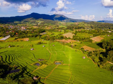 Foto de Terraced Rice Field en Chiangmai durante la temporada de lluvias verdes, Tailandia. Royal Project Khun Pae Northern Thailand. Vista aérea del dron - Imagen libre de derechos