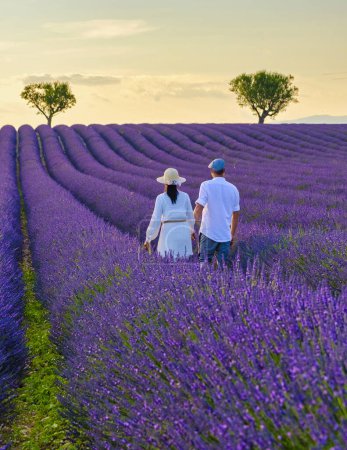 Photo for Provence, Lavender field France, Valensole Plateau, a colorful field of Lavender in bloom, Provence, Southern France Couple men and women on vacation watching sunset in a lavender field - Royalty Free Image