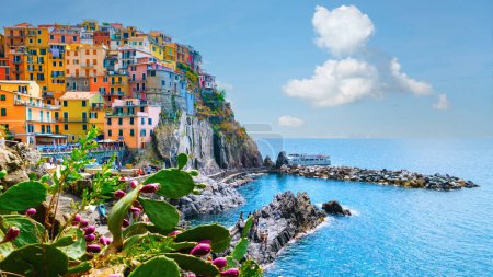 Foto de Manarola Village Cinque Terre Italia. la colorida ciudad de Liguria uno de los cinco Cinque Terre costa de Liguria. Manarola tradicional pueblo italiano en el Parque Nacional Cinque Terre Italia en verano - Imagen libre de derechos
