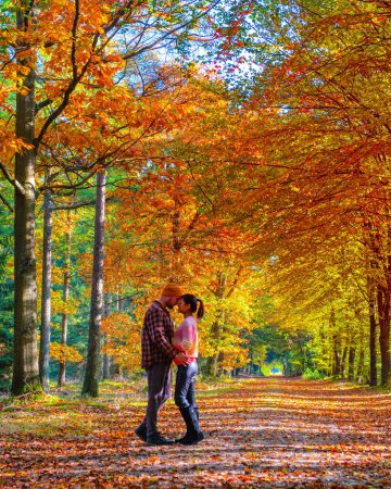 Téléchargez les photos : Couple man and woman mid age walking in the forest during the Autumn season. in nature trekking with orange-red color trees during the fall season in the Netherlands Drentsche Aa Holland - en image libre de droit
