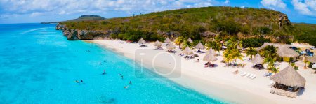 Photo for Cas Abao Beach Playa Cas Abao Caribbean island of Curacao, Playa Cas Abao in Curacao Caribbean tropical white beach with a blue turqouse colored ocean. view from above with drone at the beach - Royalty Free Image