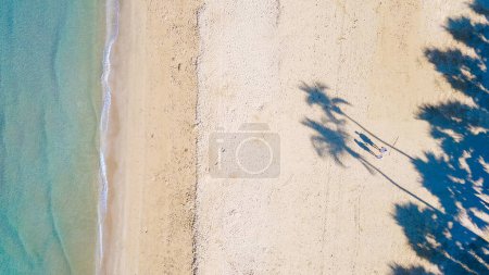 Téléchargez les photos : Vue de drone d'en haut à un couple d'hommes et de femmes marchant sur la plage avec des palmiers sur la route de plage de Pattaya Thaïlande, ombre de palmier sur la plage - en image libre de droit