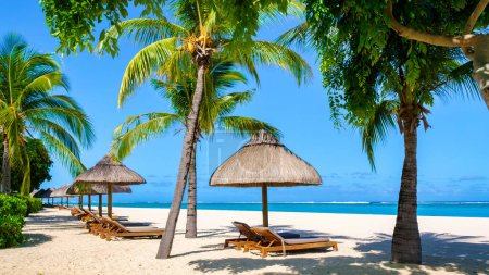 Téléchargez les photos : Le Morne Beach Mauritius Plage tropicale avec palmiers et sable blanc bleu océan et lits de plage avec parasols, chaises longues et parasols sous un palmier sur une plage tropicale à Maurice - en image libre de droit