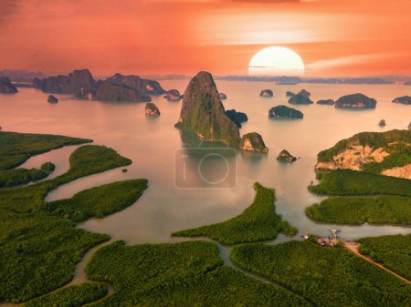 panorama view of Sametnangshe, view of mountains in Phangnga Bay with mangrove forest in the Andaman Sea with evening twilight sky, travel destination in Phangnga, Thailand