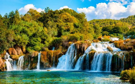 Photo for KRKA waterfalls Croatia during summer, Krka National Park Croatia on a bright summer evening in the park at sunset. - Royalty Free Image