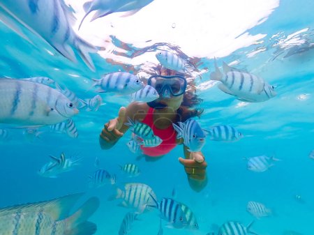 Foto de Mujer asiática joven en un viaje de snorkel en Samaesan Tailandia. bucear bajo el agua con peces en la piscina de arrecifes de coral. Estilo de vida de viajes, aventura en deportes acuáticos, actividades de natación en vacaciones de verano en la playa - Imagen libre de derechos