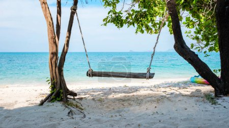 Photo for A swing under a tree at the beach of Ko Kham Island Sattahip Chonburi Samaesan Thailand, a tropical island with turqouse colored ocen in Thailand - Royalty Free Image