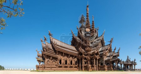 Photo for The Sanctuary of Truth wooden temple in Pattaya Thailand is a gigantic wooden construction located at the cape of Naklua Pattaya City Chonburi Thailand - Royalty Free Image