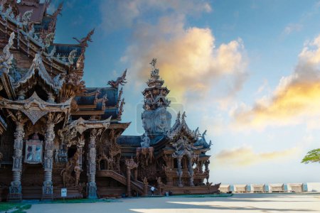 Photo for The Sanctuary of Truth wooden temple in Pattaya Thailand, wooden sculpture of wooden temple in Pattaya - Royalty Free Image