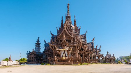 Photo for The Sanctuary of Truth wooden temple in Pattaya Thailand , a wooden temple construction located at the cape of Naklua Pattaya City Chonburi Thailand - Royalty Free Image