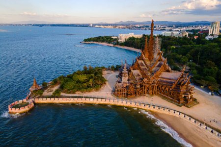 Photo for Drone aerial view at The Sanctuary of Truth wooden temple in Pattaya Thailand is a gigantic wooden construction located at the cape of Naklua Pattaya City Chonburi Thailand - Royalty Free Image