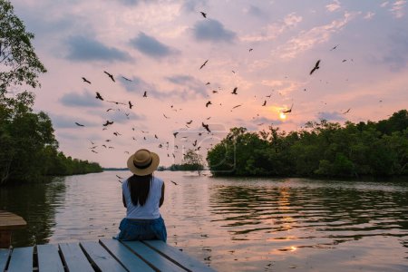 Foto de Águilas marinas al atardecer en el manglar de Chantaburi en Tailandia, águila marina con respaldo rojo, mujeres asiáticas con sombrero viendo atardecer en un muelle de madera - Imagen libre de derechos