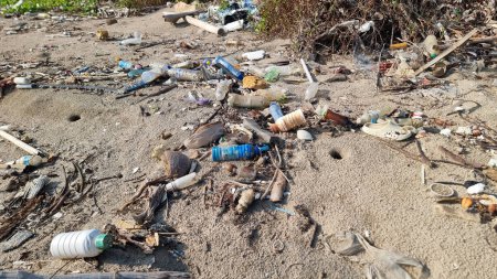 Téléchargez les photos : Un tas de déchets perturbant la tranquillité d'une plage de sable, contrastant la beauté naturelle avec la pollution causée par l'homme. Chantaburi Thaïlande - en image libre de droit