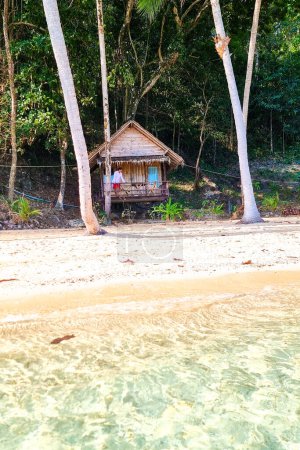 Téléchargez les photos : Une cabane traditionnelle en bois nichée sur le rivage sablonneux d'une plage tropicale vierge, avec des palmiers luxuriants se balançant dans la brise douce sous un ciel bleu clair. - en image libre de droit