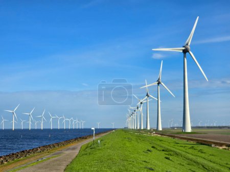 Photo for Windmill park in the ocean, view of windmill turbines on a Dutch dike Energy transition, zero emissions, carbon neutral, Earth day concept, windmills isolated at sea in the Netherlands. - Royalty Free Image