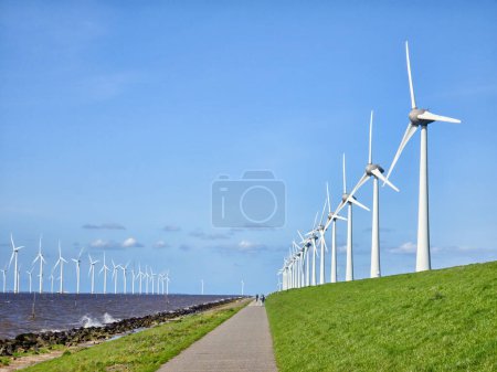 windmill park and a blue sky on a dutch dike, windmill park in the ocean. Netherlands Europe. windmill turbines in the Noordoostpolder Flevoland
