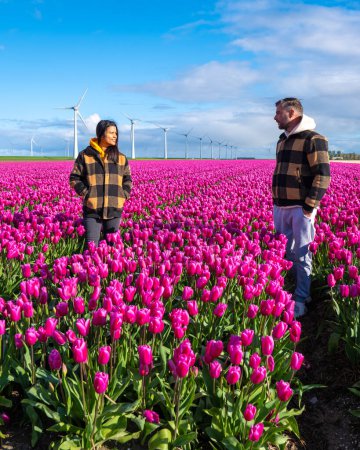 Foto de En un vibrante campo de tulipanes morados en los Países Bajos, dos personas están encantadas por la belleza de la primavera, rodeadas de turbinas de molino de viento. pareja de hombres y mujeres en un campo de flores - Imagen libre de derechos