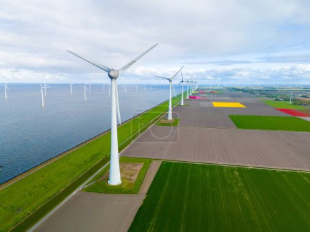 A wind farm stretches gracefully across the Dutch countryside, harnessing the power of the breeze from the nearby body of water at the lake Ijsselmeer in the Noordoostpolder Netherlands