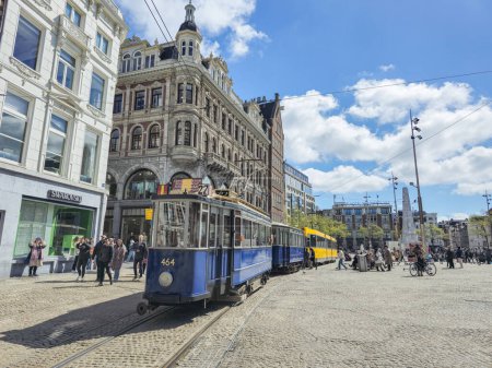 Photo for Amsterdam Netherlands 21 April 2024, old historical retro tram at the city center - Royalty Free Image