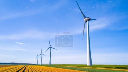 Foto de Una vista fascinante de aerogeneradores de pie en un vasto campo, girando con gracia bajo el sol de primavera en los Países Bajos Flevoland. turbinas de molino de viento, energía verde, ecológico, día de la tierra - Imagen libre de derechos
