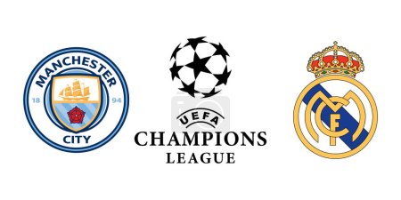 Vinnitsa, Ucrania - 20 de abril de 2023: Football soccer Manchester City vs Real Madrid club icons.League of champions. Ilustración editorial vectorial